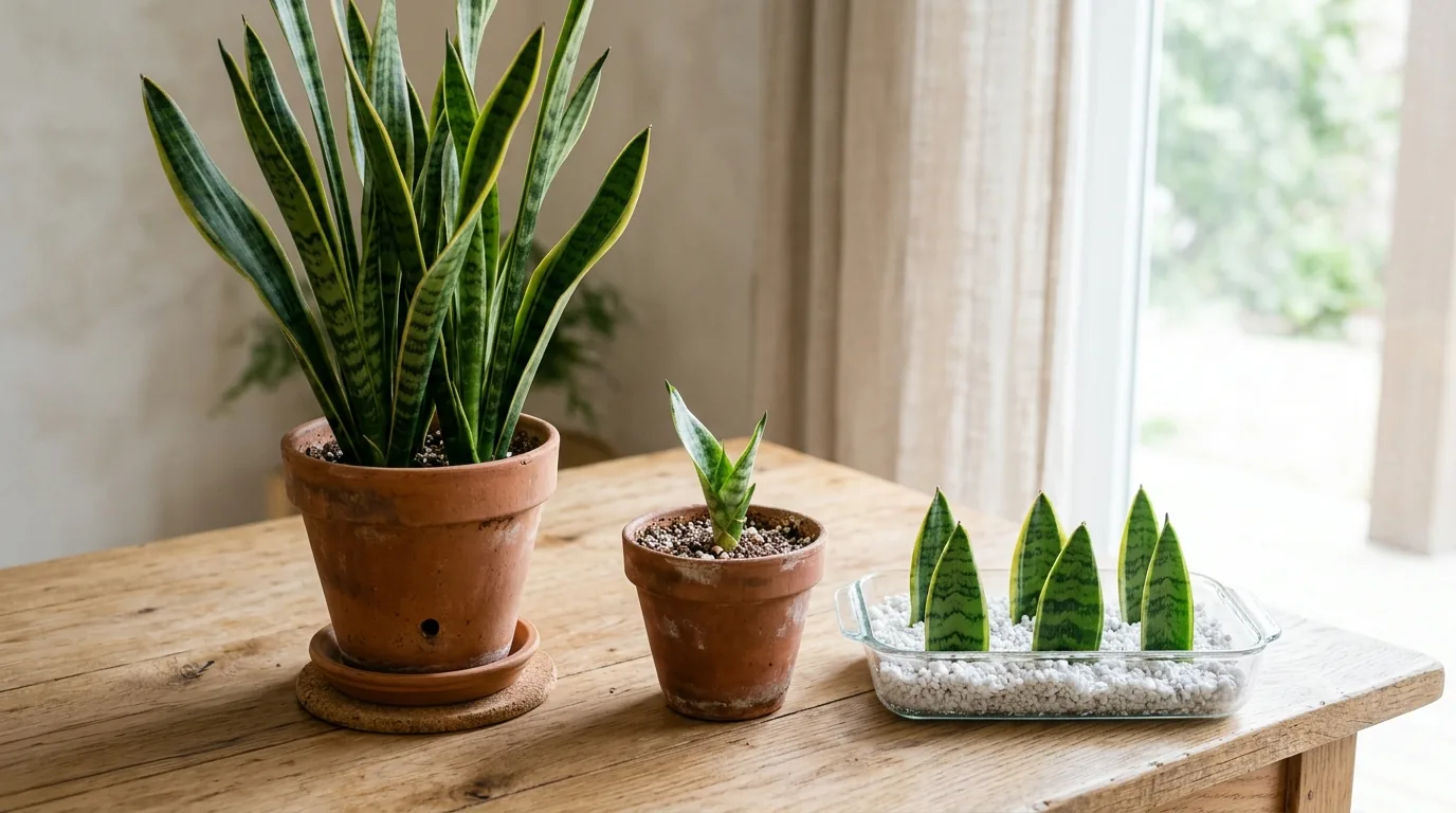 Snake plant beside a potted pup and leaf cuttings rooting in perlite on a wooden table