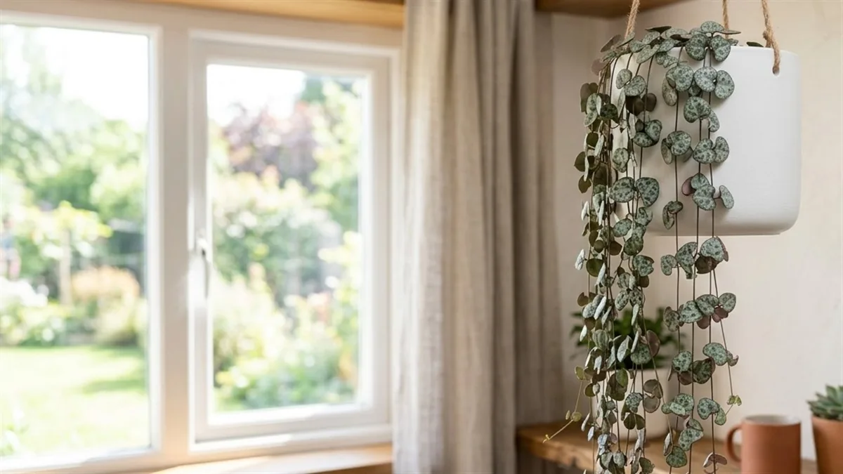 String of hearts with trailing stems of silver-marbled heart-shaped leaves hanging from a white pot by a window