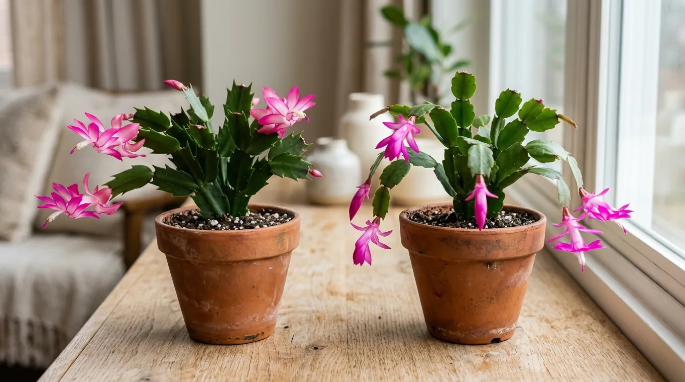 Thanksgiving cactus with pointed stem segments next to a Christmas cactus with rounded scalloped segments, both in bloom