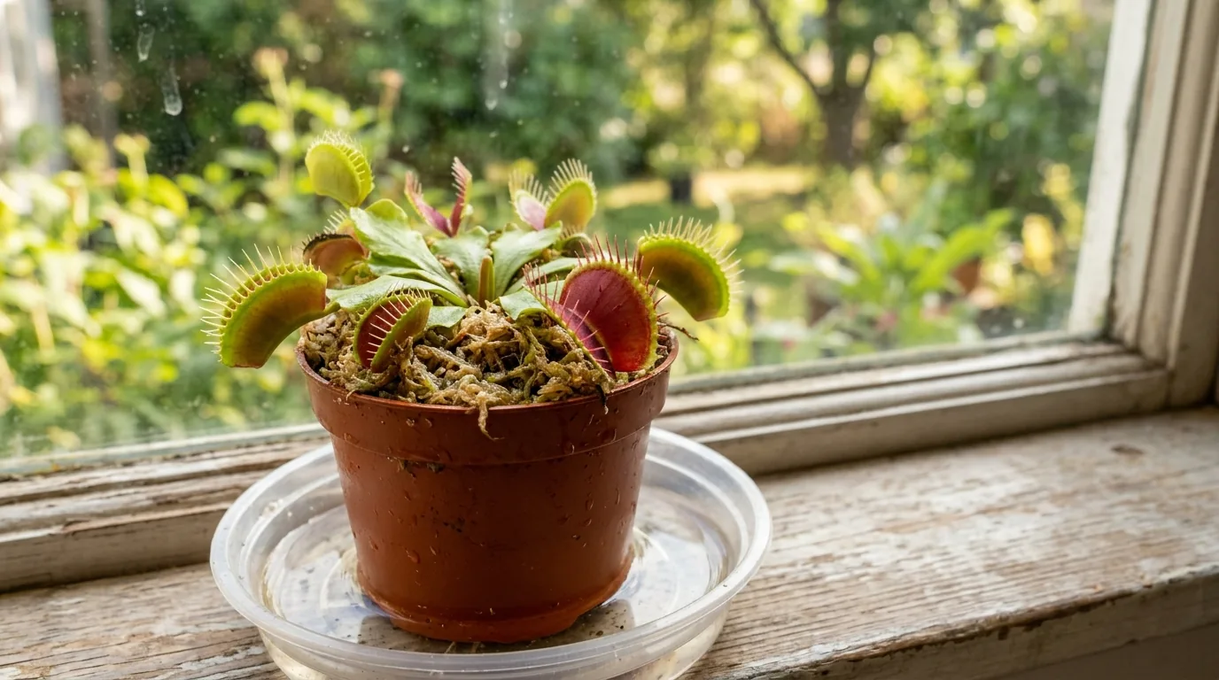 Venus flytrap with open red-lined traps in a pot of sphagnum moss standing in a saucer of water on a sunny windowsill
