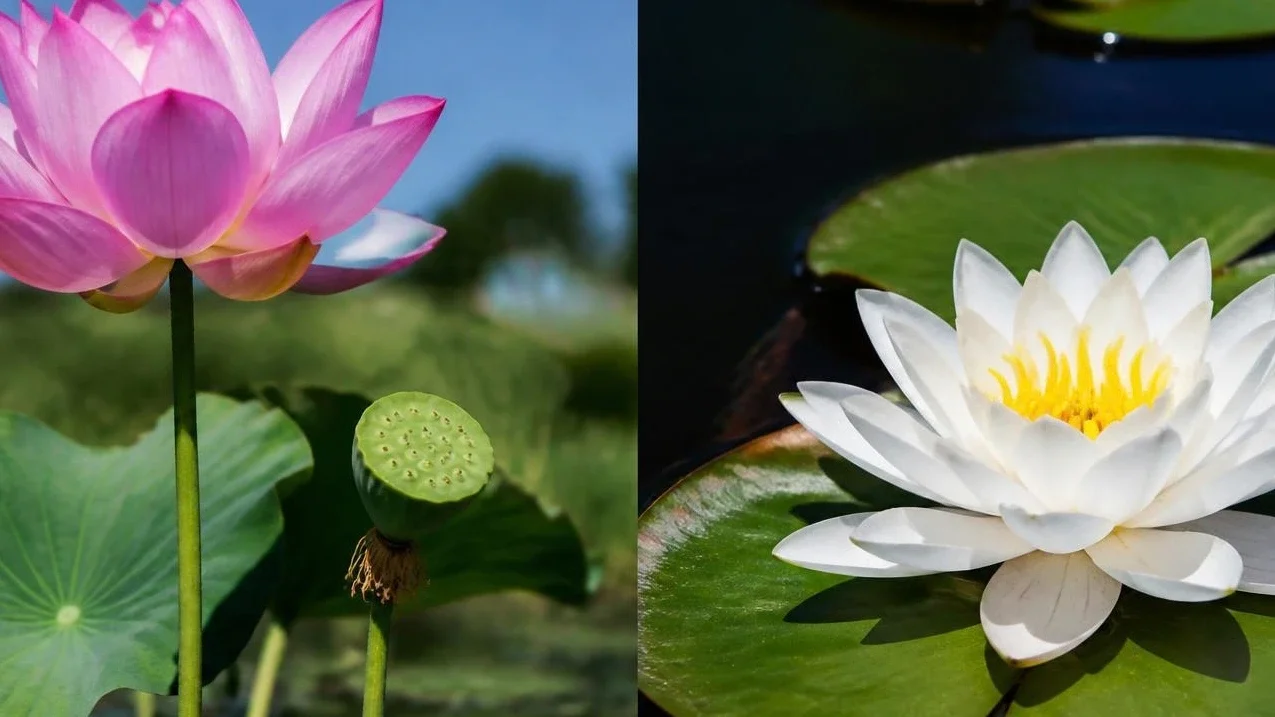 Water lily vs lotus: floating water lily pads beside an emergent lotus flower and its cone-shaped seed pod