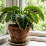 Houseplant in a terracotta pot on a windowsill with leaves curling inward and browning at the edges