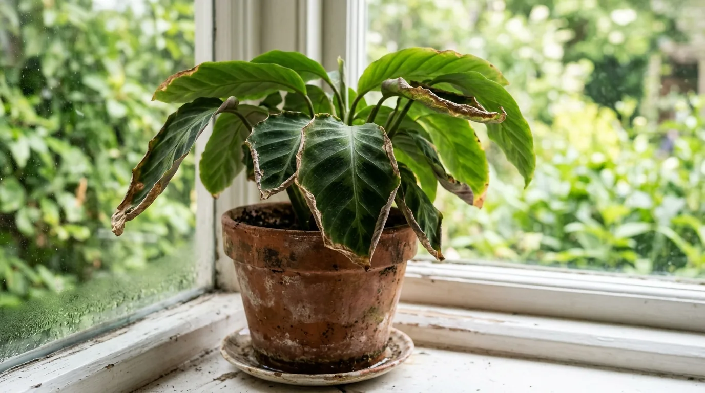 Houseplant in a terracotta pot on a windowsill with leaves curling inward and browning at the edges