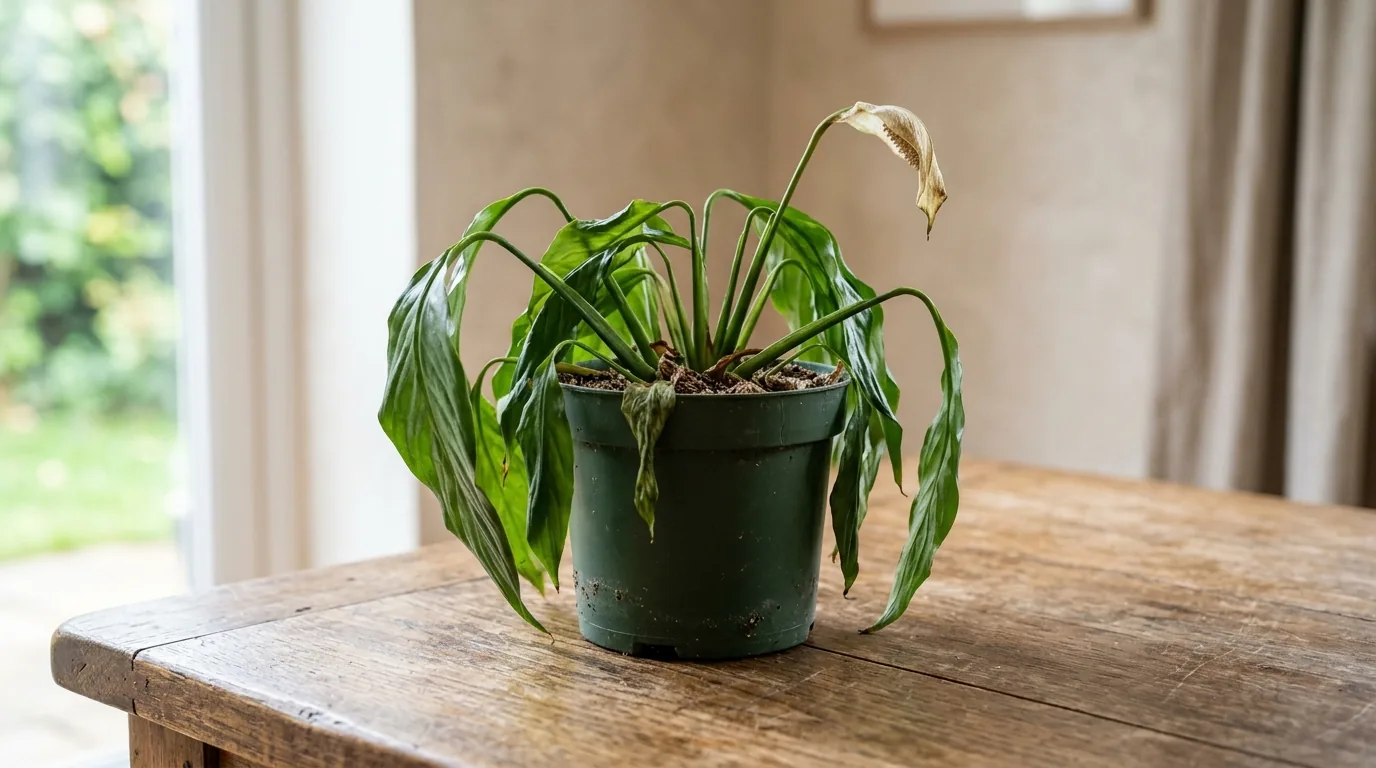 Peace lily in a nursery pot with all its leaves drooping on a wooden table