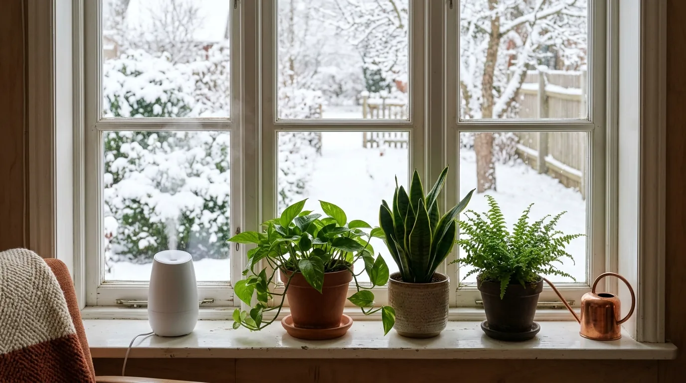 Houseplants on a bright windowsill in winter with snow outside and a small humidifier nearby
